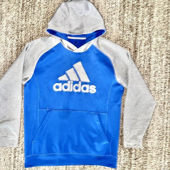Adidas Long Sleeve Athletic Logo Pullover Hoodie in Blue Grey Size Large Kids - Picture 6 of 10